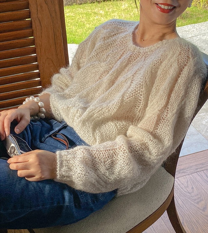 马海毛毛衣女薄款精致法式短款温柔风软糯很仙的套头镂空手工绞花