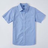 夏季 衬衫 儿童浅蓝格子衬衣 男童全棉地中海短袖 儿童校服蓝色衬衫