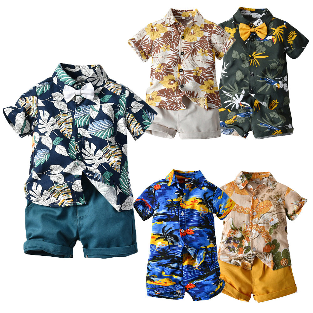 夏季短袖花衬衫男童短裤休闲两件套baby 外贸童装多色沙滩服热批