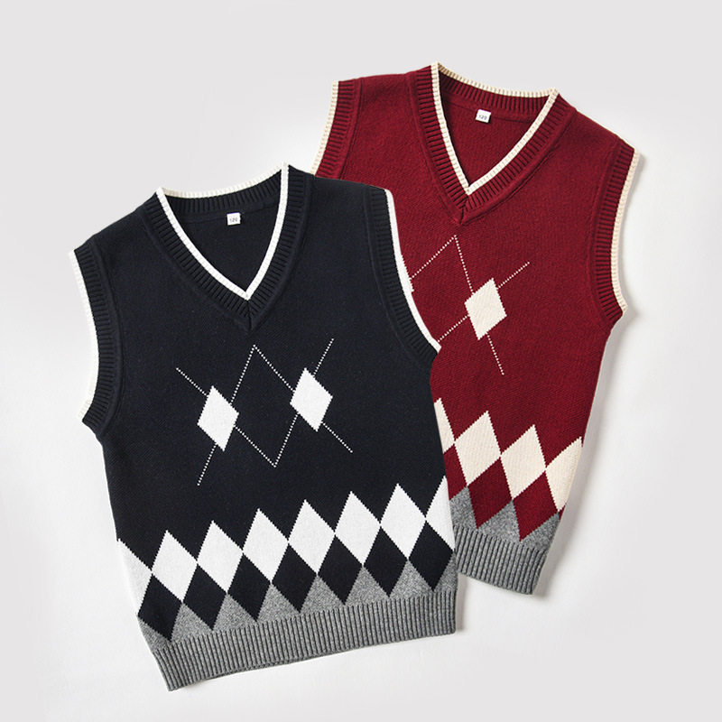 儿童针织马甲背心男女童毛线v领毛衣套头纯棉学生校服学校学生