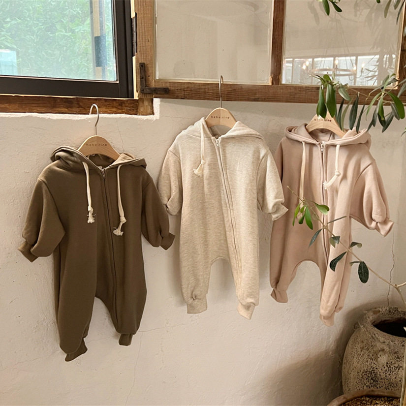 婴童棉柔斜拉链连帽卫衣爬服