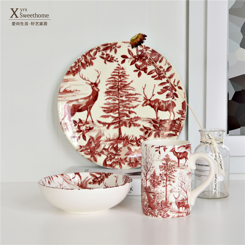 美式乡村风格家用餐盘 面碗 釉下彩麋鹿点心盘菜盘水彩感觉圣诞盘