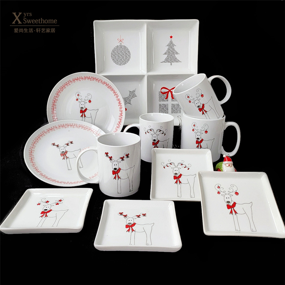 外单圣诞节套装餐具 喜庆驯鹿小盘 围巾麋鹿甜品碟奶茶杯礼品瓷器