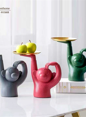 创意摆件 西班牙设计款小猴子玩偶装饰树脂收纳盘 台面装饰金属盘