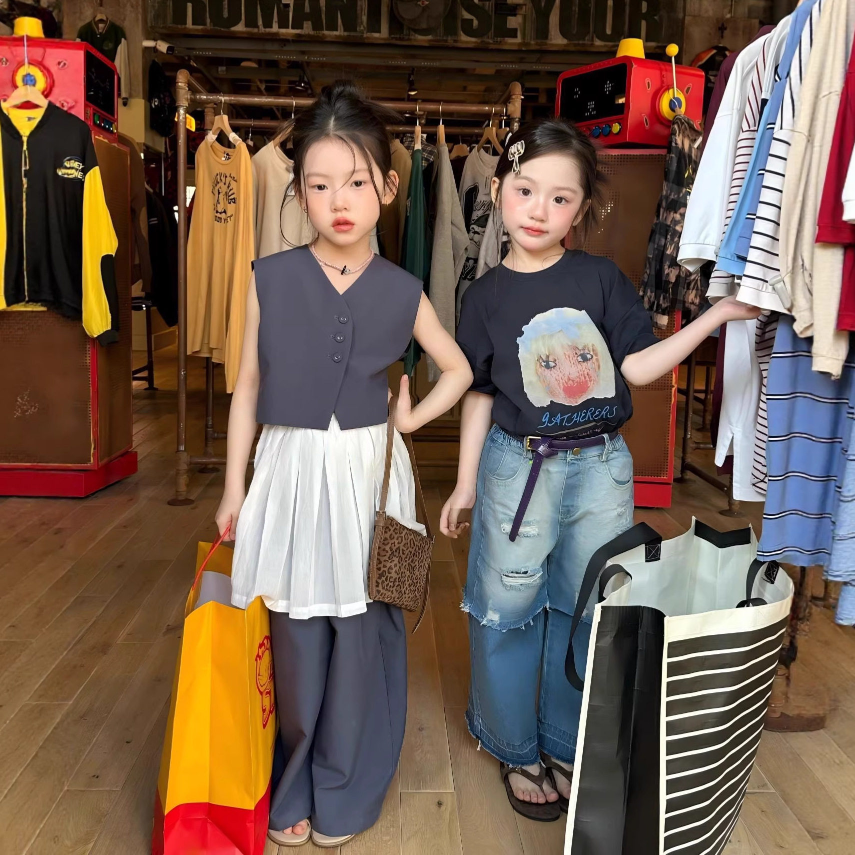 2026韩童装26春季儿童洋气上衣潮女童双层假两件牛仔裤纯色套装,童装/婴儿装/亲子装,套装,淘宝优惠券,粉丝福利购,淘宝优惠卷