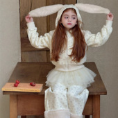 新款 韩版 儿童碎花加绒加厚3件套装 2025冬季 女童毛毛兔子休闲套装