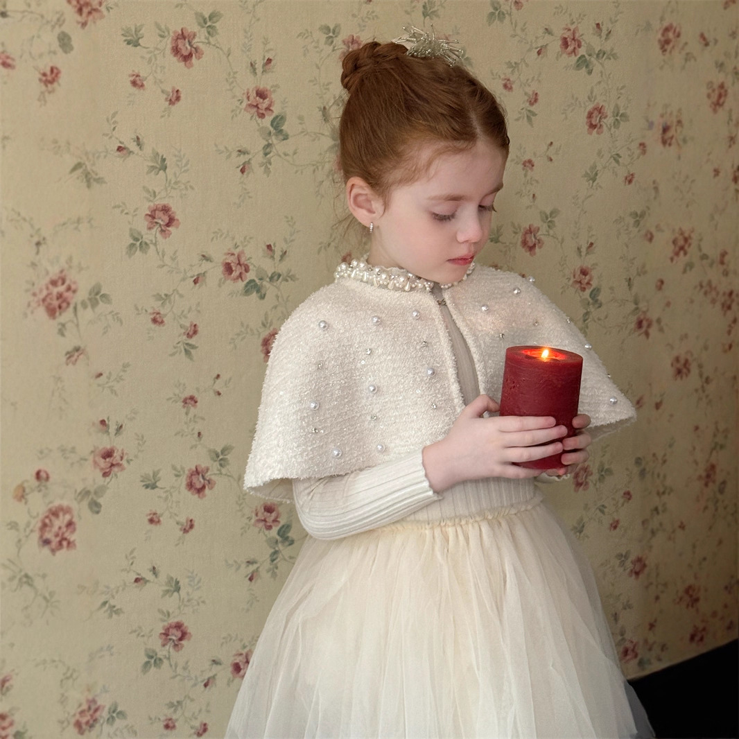 2025冬季女童高级感钉珠斗篷 毛衣网纱裙两件套 女童生日公主裙