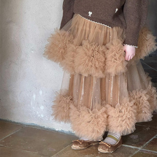 2024冬季韩版儿童蛋糕网纱洋气休闲层层裙子女童复古丝绒半身裙