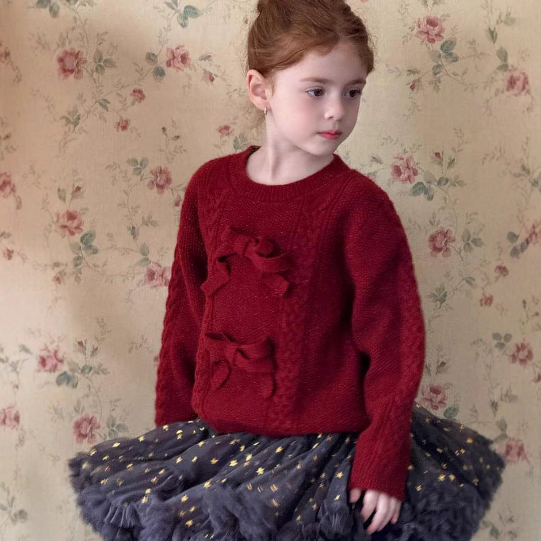 2025冬季新品 韩版儿童立体蝴蝶结麻花毛衣 女童复古甜美毛衣