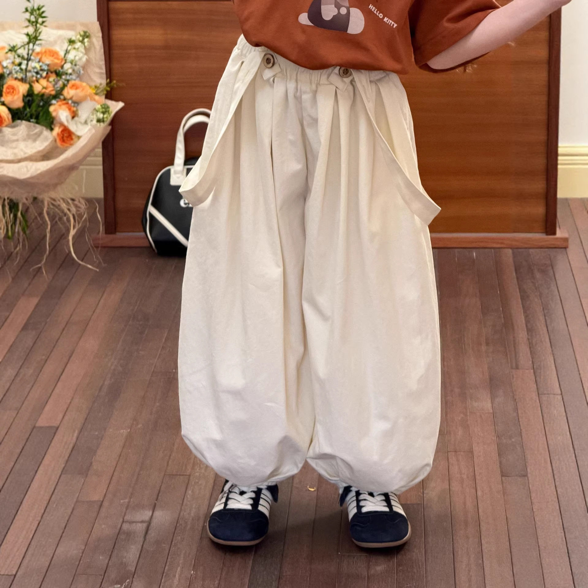 2026春装新款背带棉布灯笼裤裤子B类水洗皮筋腰带中腰长裤韩版裤