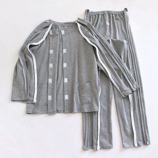 春秋护理服PICC置管骨折穿 衣服瘫痪病人专用病号服老人纯棉睡衣