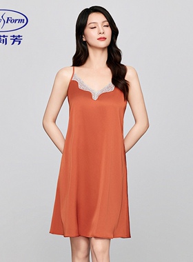安莉芳春夏新款薄款性感蕾丝V领吊带睡裙女舒适短款带杯垫家居裙