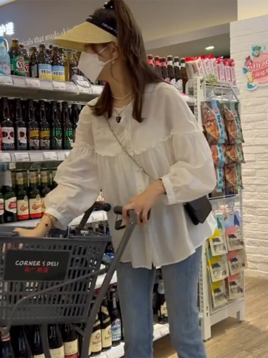 출산 가을 정장 티셔츠 새 봄 여름 한국 스타일 셔츠 여성 BABYDOLL 셔츠 긴 소매 탑 청바지 투피스 세트