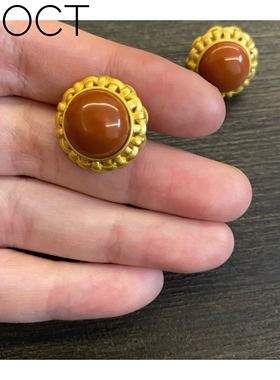 noct夜光虫珐琅朱砂红金色花边复古925纯银针耳钉圣诞新年