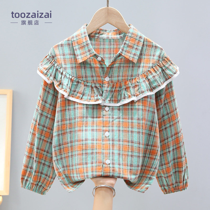 童装女童衬衫上衣春夏装2023新款韩版格子衫女孩夏季儿童纯棉衬衣