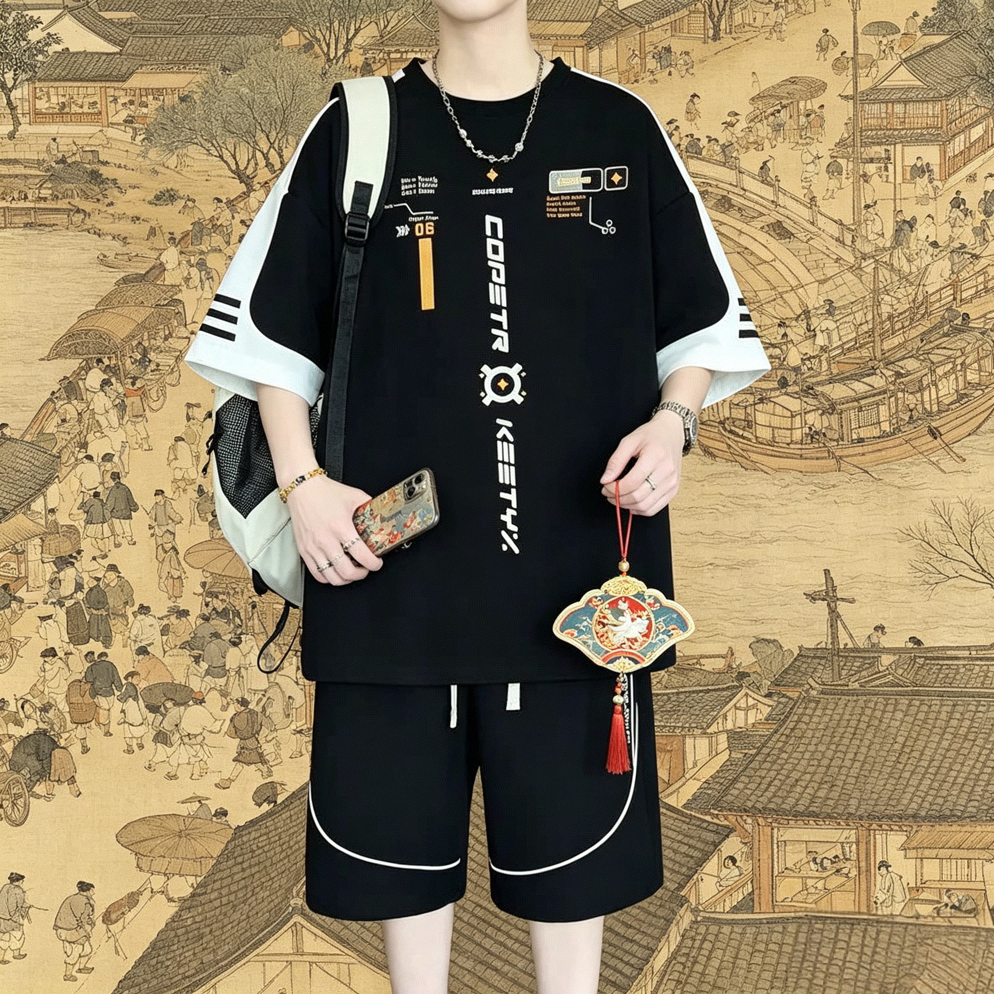 夏季拼接短袖运动套装男宽松潮牌印花五分短裤青少年休闲两件套