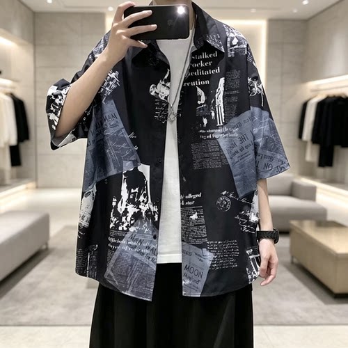 冰丝报纸印花短袖衬衫男夏季宽松五分袖复古港风学生休闲衬衣外套