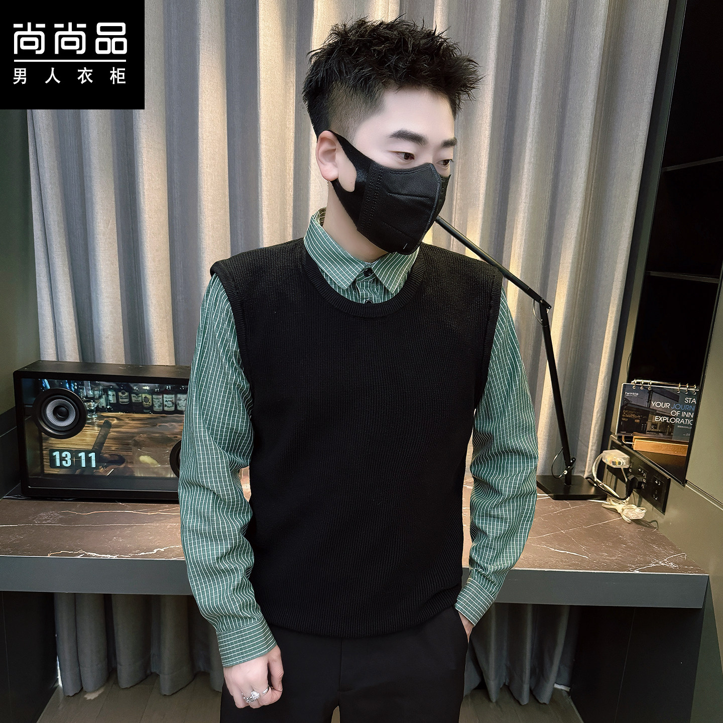 2025秋冬男士新款假两件圆领背心男衬衫领毛线马甲潮流针织打底衫