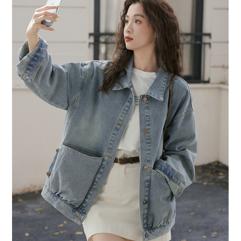 春装2026新款水洗复古宽松原宿风大口袋学生长袖夹克牛仔外套女装
