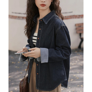 深蓝色牛仔衬衫 高级感学生 外套女春秋文艺复古内搭叠穿新款