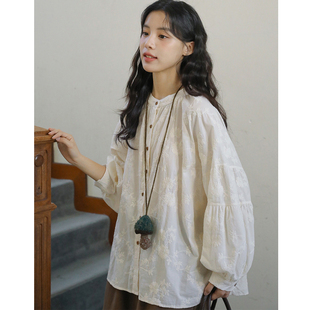 文艺森系复古上衣圆领衬衫女长袖遮肉宽松慵懒松弛感春秋