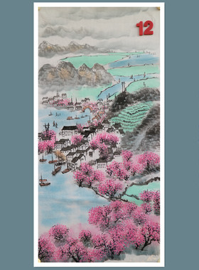 手绘桃花山水画国画江南水乡图三尺无款客厅装饰挂画特价HB582912