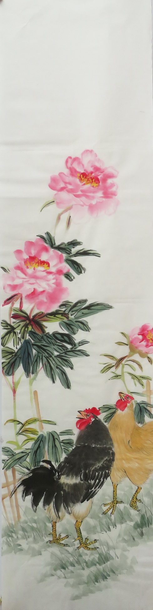 特全手绘花鸟牡丹公鸡国画作品装饰画四尺对开客厅字画hx9102720