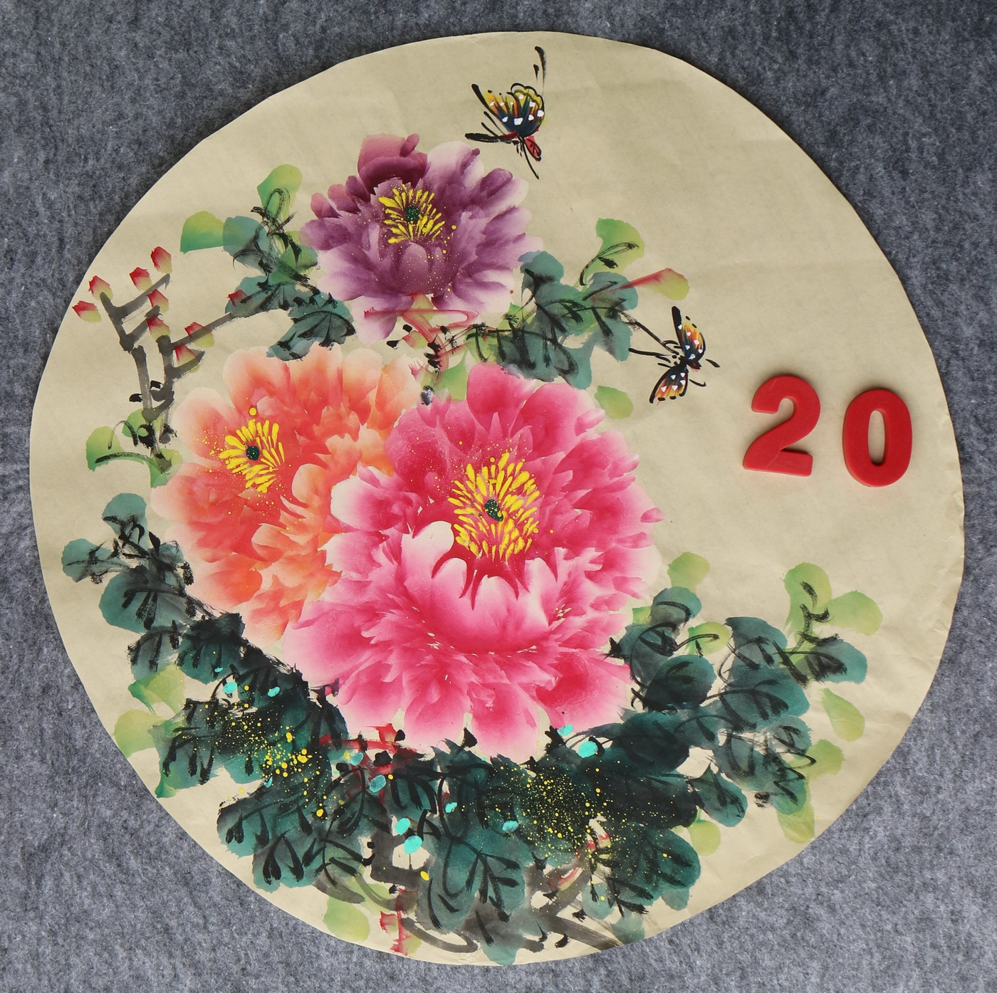 直径49厘米手绘花鸟圆形牡丹图字画国画客厅装饰挂画特价HA582320图片