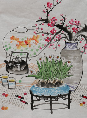 手绘花鸟国画清供图博古图客厅装饰挂画四尺斗方画芯特价HB58308