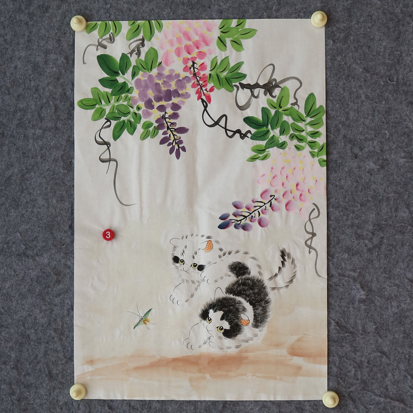 四尺三开花鸟画手绘国画葫芦竹子紫藤猫趣图客厅挂画特价HM572403