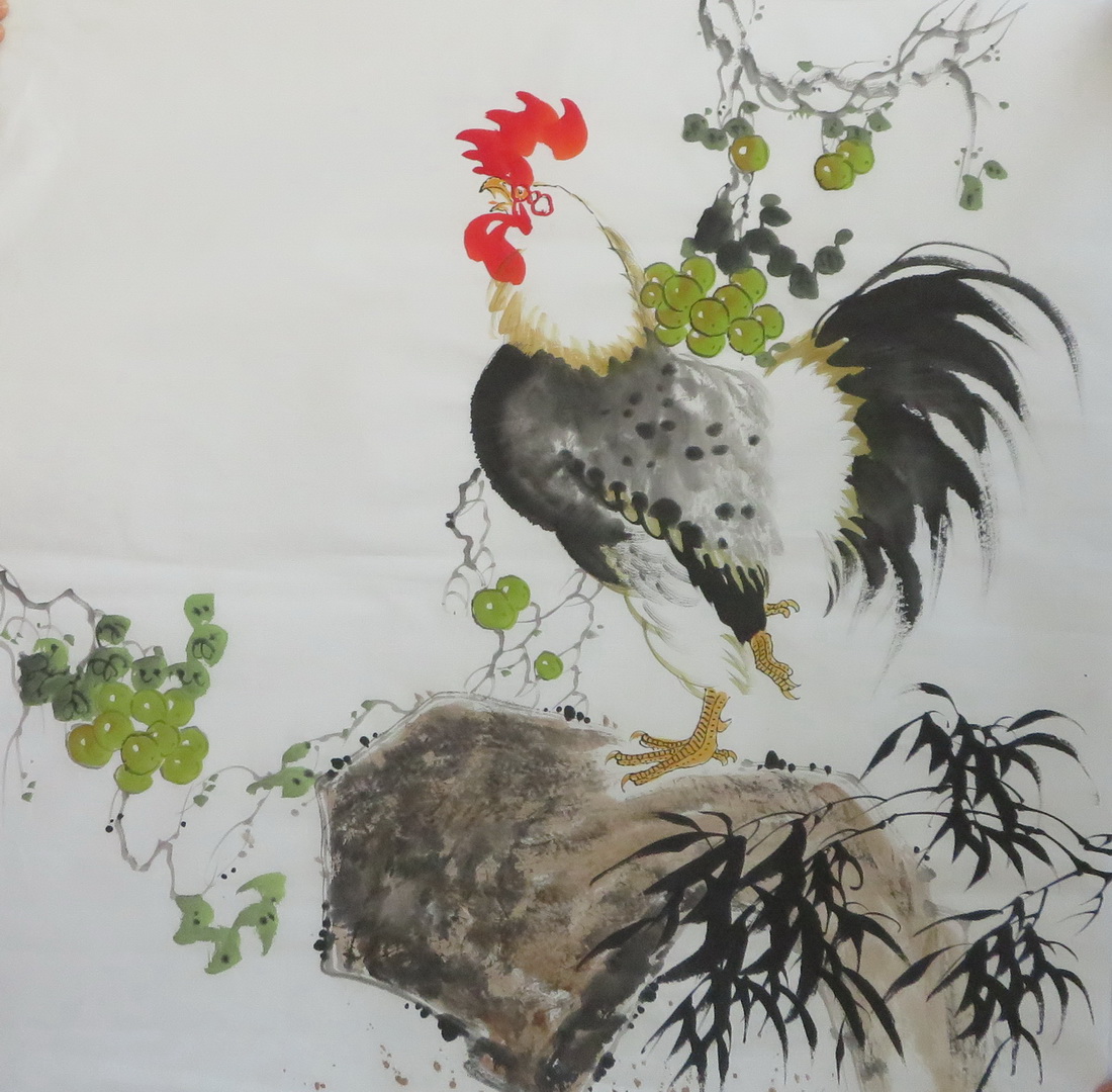 水墨手绘花鸟国画公鸡画客厅玄关装饰挂画写意画斗方作品无款e23