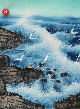 特价小品大海山水画手绘国画海水装饰画客厅挂画无款画芯HA58308