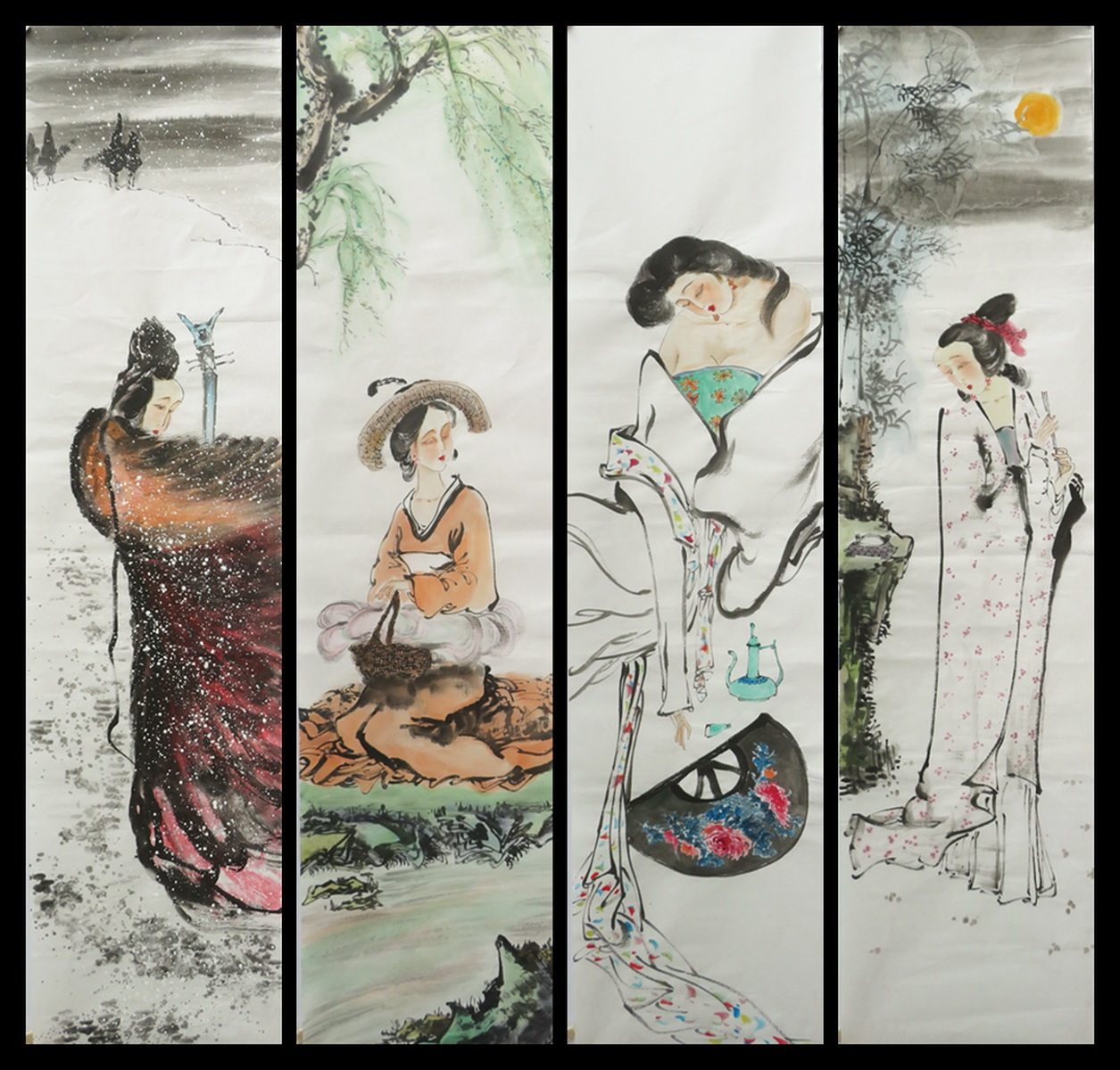 手绘水墨四条屏套画国画古代美女人物作品装饰客厅字画ha9122905