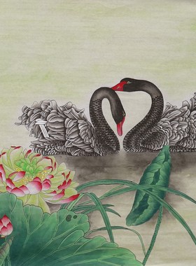 手绘工笔花鸟画国画天鹅荷花图字画客厅玄关装饰挂画特价HA571201