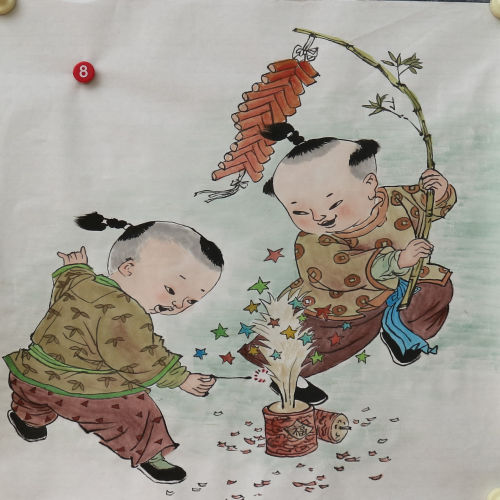 手绘人物童趣图国画客厅装饰挂画无款画芯三尺斗方特价HD572408