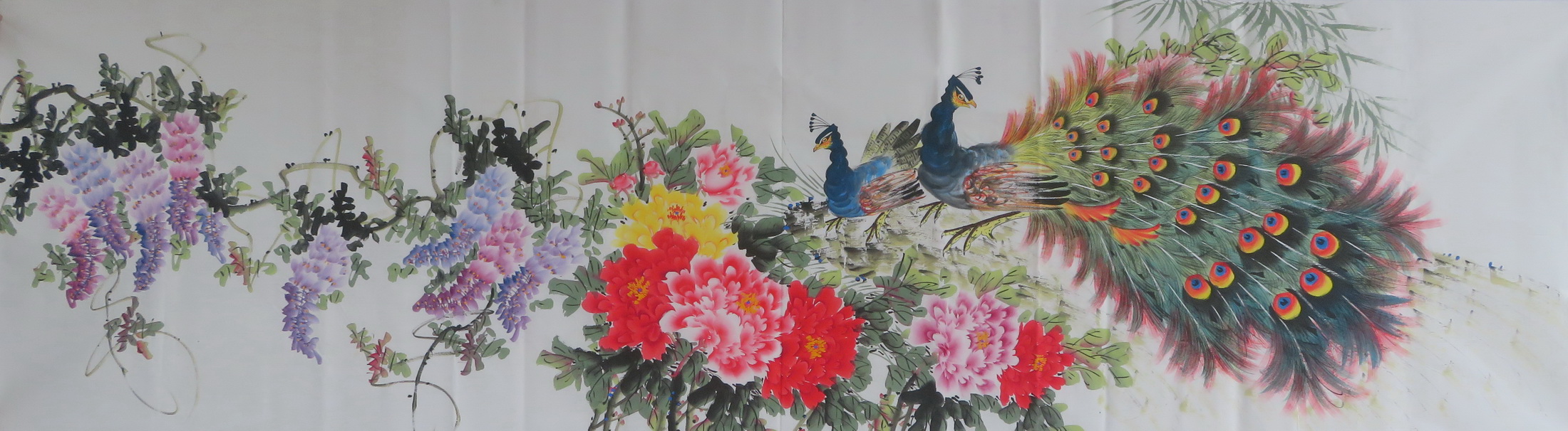 宝墨轩小丈二花鸟画孔雀牡丹国画无框客厅装饰挂画特价HD1030510