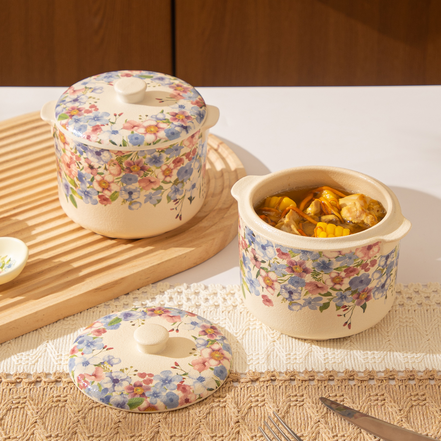 陶瓷釉下彩双耳炖盅带盖隔水汤盅