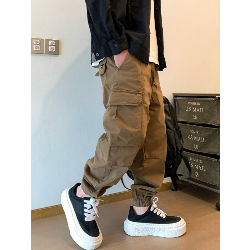 美式复古多口袋纯棉工装裤男春秋季潮牌痞帅休闲裤宽松束脚长裤子