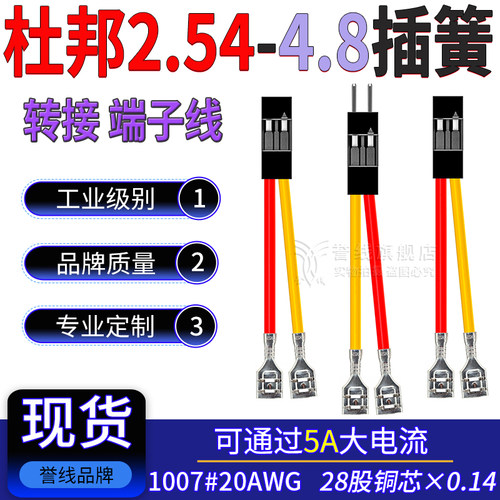 杜邦2.54转4.8mm插簧转接线 过5A大电流端子线 20AWG开关线2/3/4P
