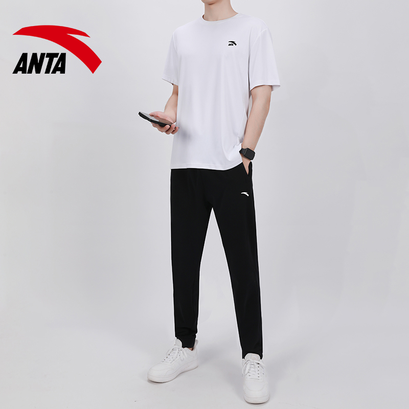 安踏休闲运动套装男夏季新款透气棉短袖t恤黑色长裤针织运动服男