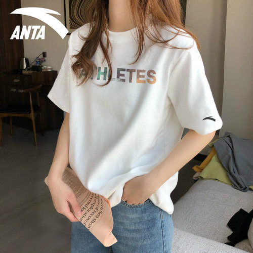 安踏白色短袖t恤女圆领运动女装