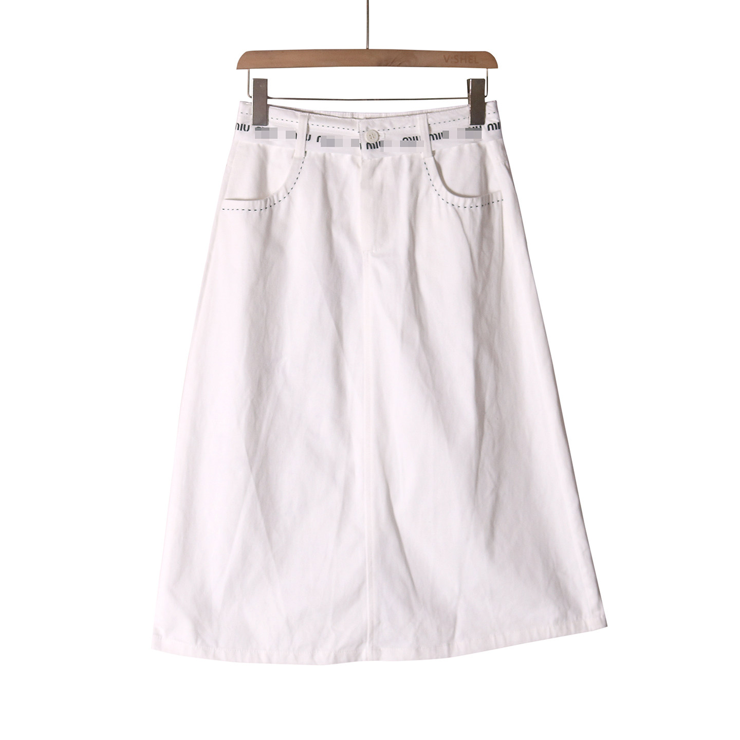 字母织带半身裙女2025春夏新款法式复古明线口袋中长款显瘦a字裙