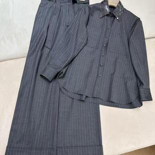 简约时尚 2025早秋新款 套装 重工手工钉珠珠片领竖条衬衫 气质 西裤