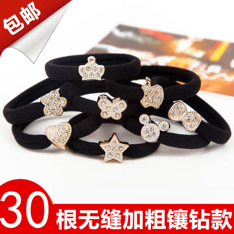 无缝加粗镶钻卡通黑色高弹力头绳