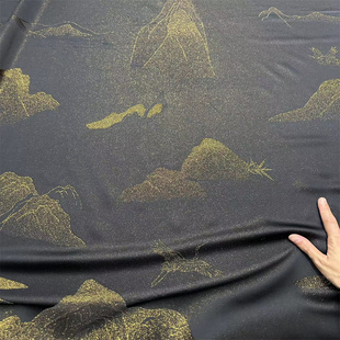 黑金远山纹 金通正绢32姆米桑蚕丝真丝服装旗袍面料高定丝绸布料