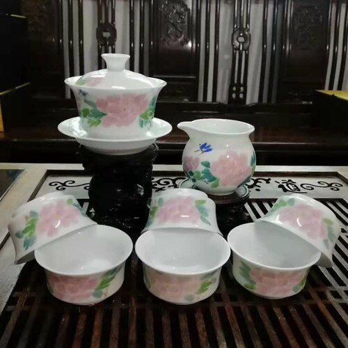 陶瓷红叶功夫茶具釉下彩牡丹盖碗
