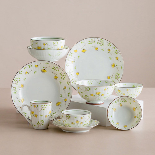 美浓烧黄色小野花餐具饭碗菜盘