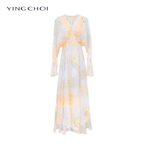 【七七酱专属】YINGCHOI 四色桑蚕丝V领蝙蝠袖连衣裙 32113
