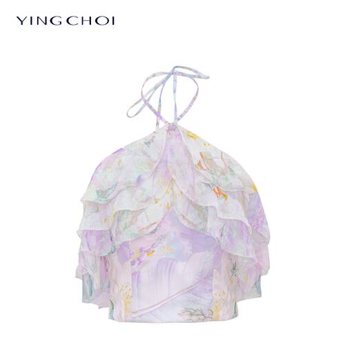 【七七酱专属】YINGCHOI 紫色孔雀桑蚕丝印花挂脖吊带 21571