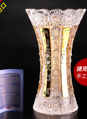 捷克进口波西米亚 高颜值手绘珐琅花 水晶玻璃花瓶 家居客厅装饰